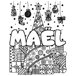 Coloring page first name MAËL - Christmas tree and presents background