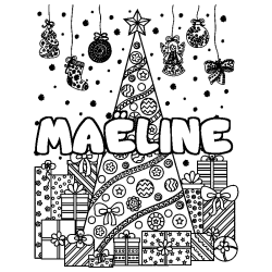 Coloring page first name MAËLINE - Christmas tree and presents background