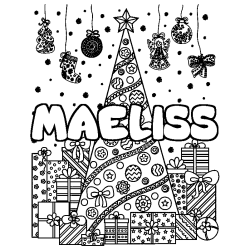 Coloring page first name MAELISS - Christmas tree and presents background