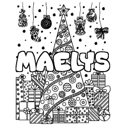 Coloring page first name MAELYS - Christmas tree and presents background