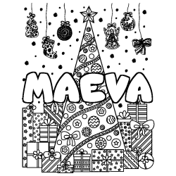 Coloring page first name MAEVA - Christmas tree and presents background