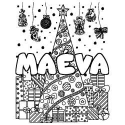 Coloring page first name MAÉVA - Christmas tree and presents background