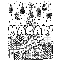 Coloring page first name MAGALY - Christmas tree and presents background