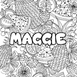 Coloring page first name MAGGIE - Fruits mandala background
