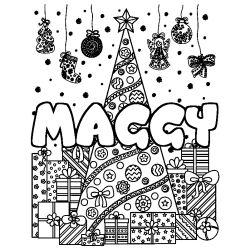Coloring page first name MAGGY - Christmas tree and presents background