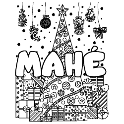 Coloring page first name MAHÉ - Christmas tree and presents background