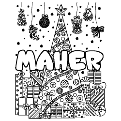 Coloring page first name MAHER - Christmas tree and presents background