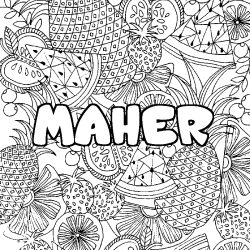 Coloring page first name MAHER - Fruits mandala background