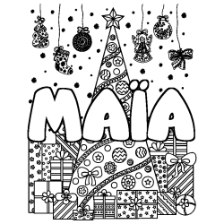 Coloring page first name MAÏA - Christmas tree and presents background