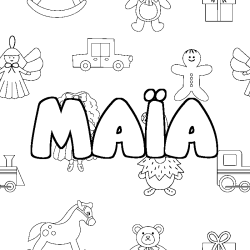 Coloring page first name MAÏA - Toys background