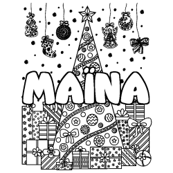 Coloring page first name MAÏNA - Christmas tree and presents background