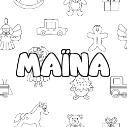 Coloring page first name MAÏNA - Toys background