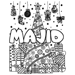 Coloring page first name MAJID - Christmas tree and presents background