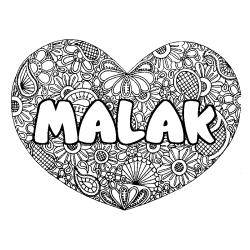 Coloring page first name MALAK - Heart mandala background