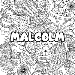 Coloring page first name MALCOLM - Fruits mandala background