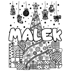 Coloring page first name MALEK - Christmas tree and presents background