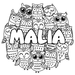Coloring page first name MALIA - Owls background