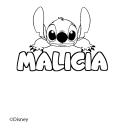 Coloring page first name MALICIA - Stitch background