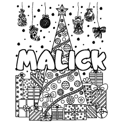 Coloring page first name MALICK - Christmas tree and presents background