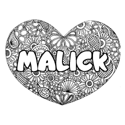 Coloring page first name MALICK - Heart mandala background