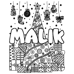Coloring page first name MALIK - Christmas tree and presents background
