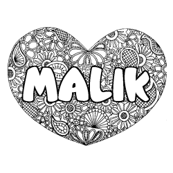 Coloring page first name MALIK - Heart mandala background
