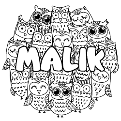 Coloring page first name MALIK - Owls background
