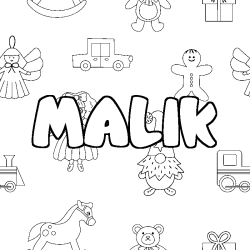 Coloring page first name MALIK - Toys background