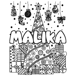 Coloring page first name MALIKA - Christmas tree and presents background