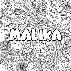 Coloring page first name MALIKA - Fruits mandala background