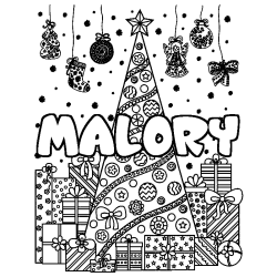 Coloring page first name MALORY - Christmas tree and presents background