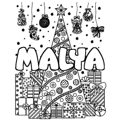 Coloring page first name MALYA - Christmas tree and presents background
