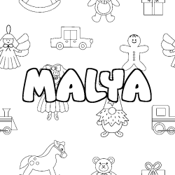 Coloring page first name MALYA - Toys background