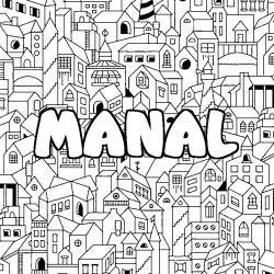Coloring page first name MANAL - City background