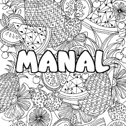 Coloring page first name MANAL - Fruits mandala background