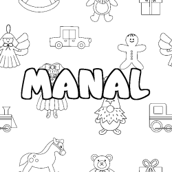 Coloring page first name MANAL - Toys background