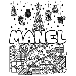 Coloring page first name MANEL - Christmas tree and presents background