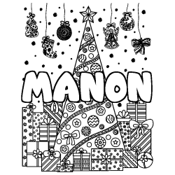 Coloring page first name MANON - Christmas tree and presents background