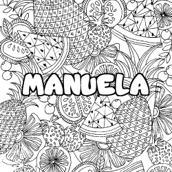 Coloring page first name MANUELA - Fruits mandala background