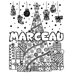 Coloring page first name MARCEAU - Christmas tree and presents background