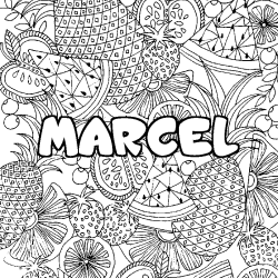 Coloring page first name MARCEL - Fruits mandala background