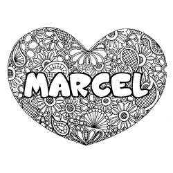 Coloring page first name MARCEL - Heart mandala background