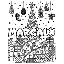 Coloring page first name MARGAUX - Christmas tree and presents background
