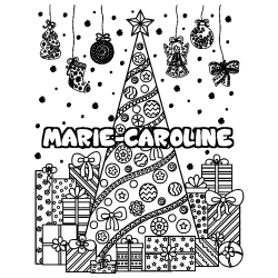 Coloring page first name MARIE-CAROLINE - Christmas tree and presents background