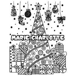 Coloring page first name MARIE-CHARLOTTE - Christmas tree and presents background