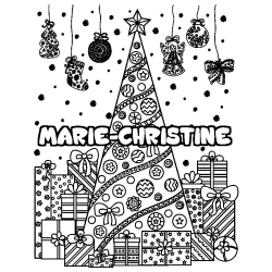 Coloring page first name MARIE-CHRISTINE - Christmas tree and presents background