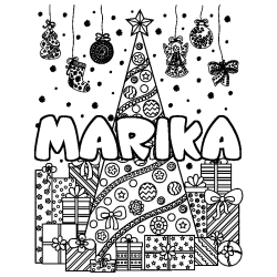 Coloring page first name MARIKA - Christmas tree and presents background