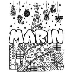 Coloring page first name MARIN - Christmas tree and presents background