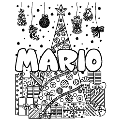 Coloring page first name MARIO - Christmas tree and presents background