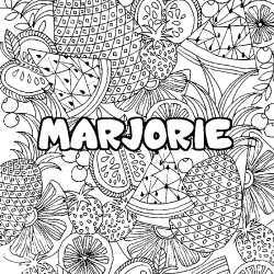 Coloring page first name MARJORIE - Fruits mandala background